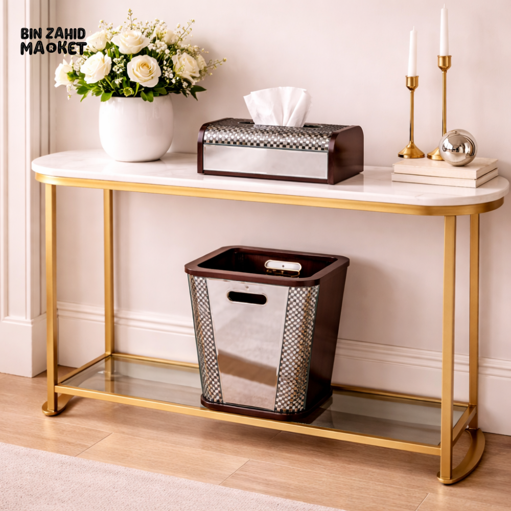 LUXURY CHECKERED MIRROR WOODEN TISSUE BOX & DUSTBIN SET