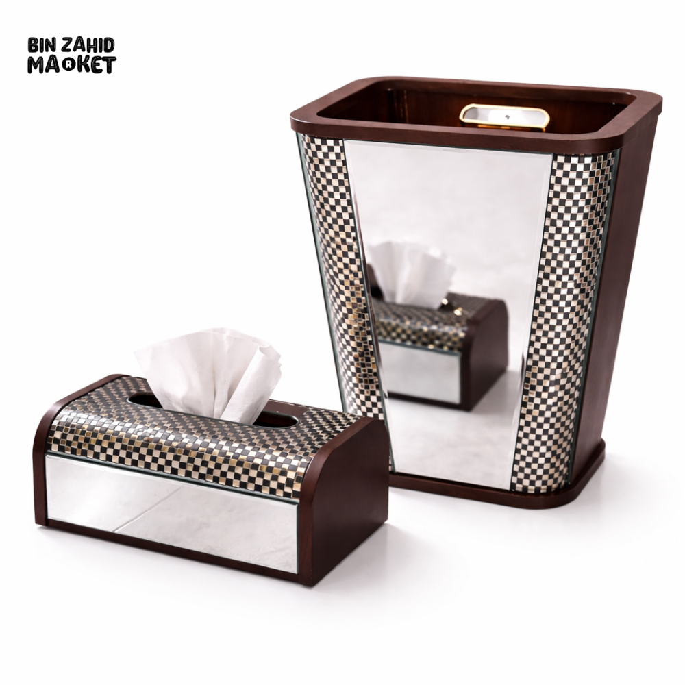 LUXURY CHECKERED MIRROR WOODEN TISSUE BOX & DUSTBIN SET