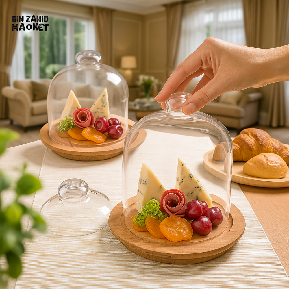 LUXURY CHEESE & FRUIT DISPLAY DOME – WOODEN BASE WITH GLASS COVER