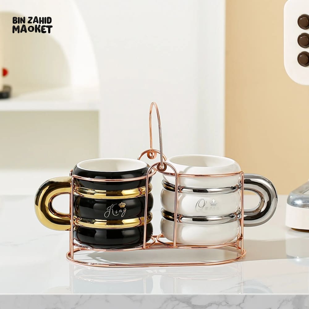 Luxury Couple Mugs Set with Metal Stand – Perfect for Love Birds