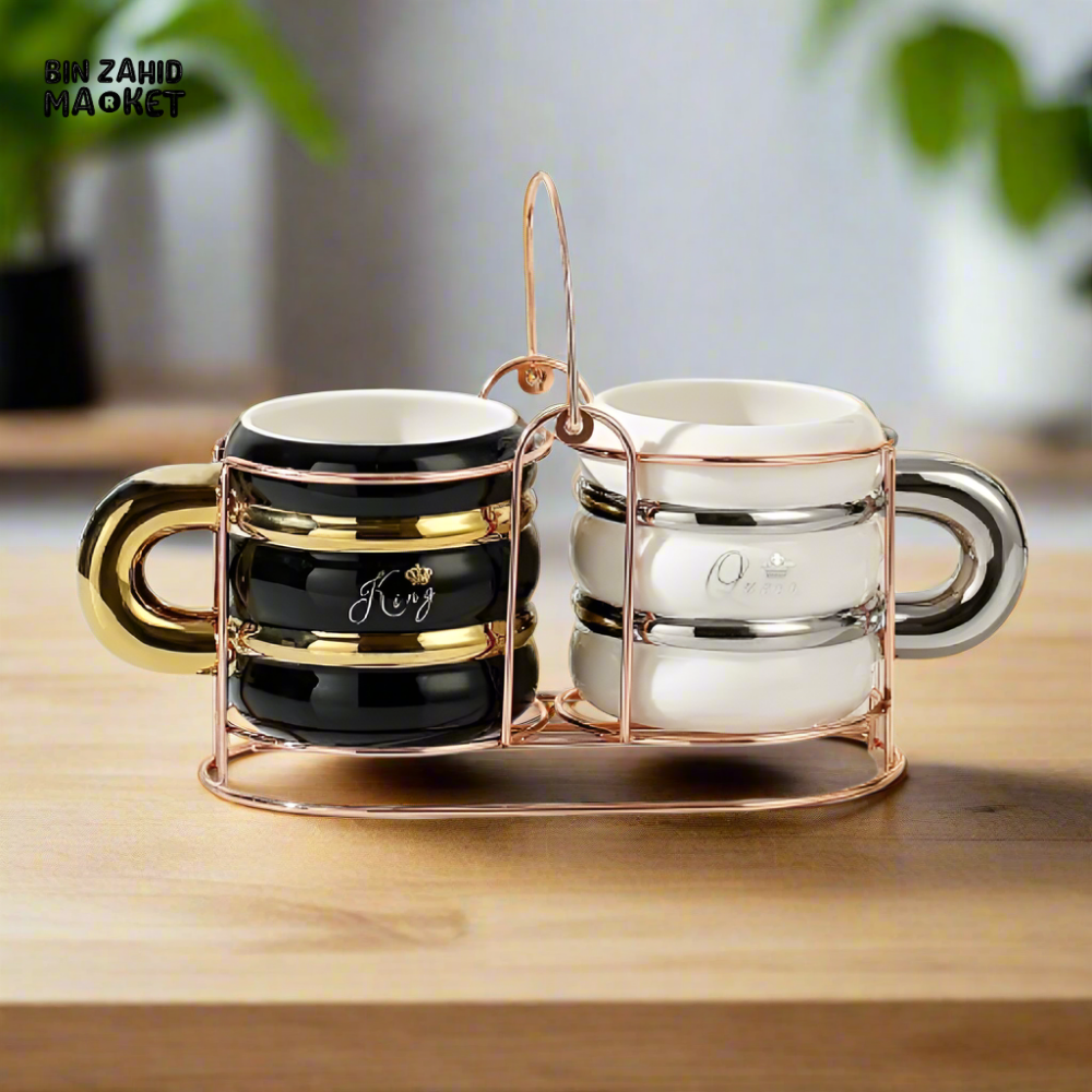 LUXURY COUPLE MUGS SET WITH METAL STAND – PERFECT FOR LOVE BIRDS