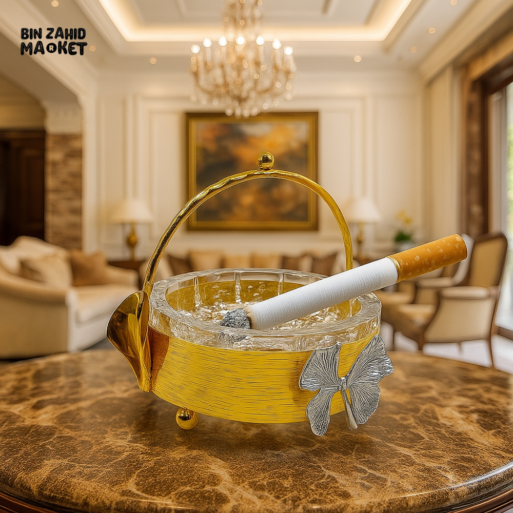LUXURY CRYSTAL ASHTRAY WITH GOLD HOLDER AND CIGARETTE – VILLA INTERIOR DISPLAY