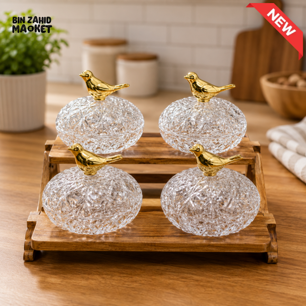 LUXURY CRYSTAL CONDIMENT JAR SET WITH WOODEN STAND - 4 PIECE SET