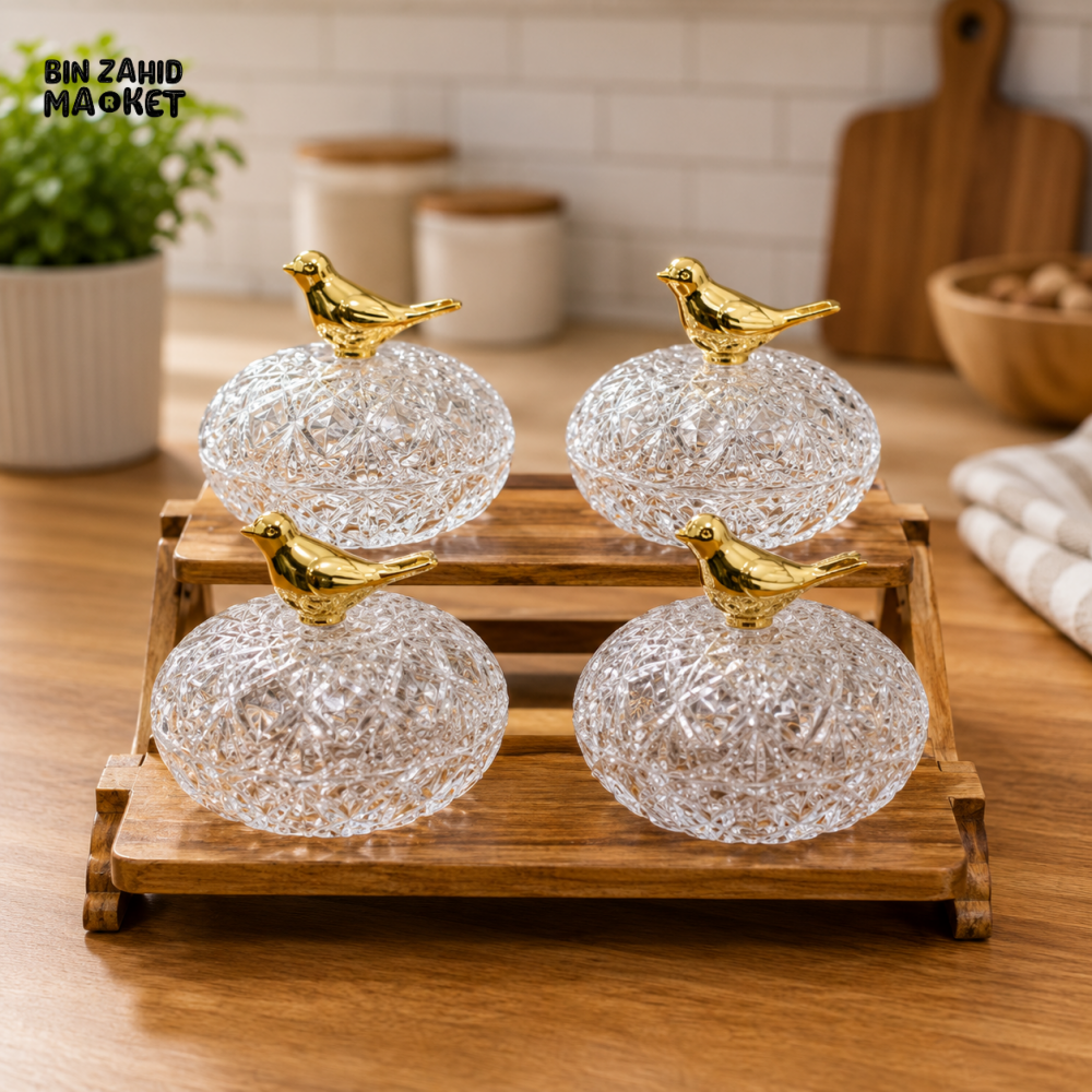 LUXURY CRYSTAL CONDIMENT JAR SET WITH WOODEN STAND - 4 PIECE SET