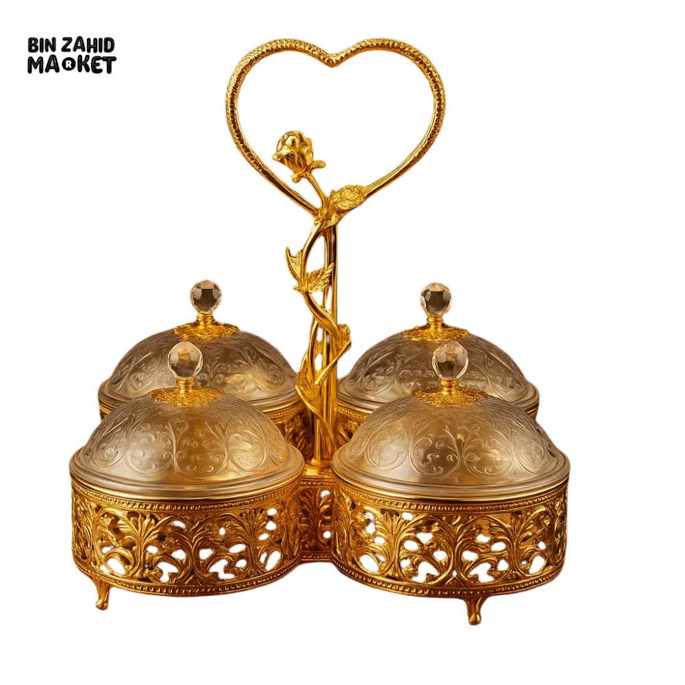 LUXURY CRYSTAL CONDIMENT SET – 4PIECE WITH GOLDEN HEART HANDLE