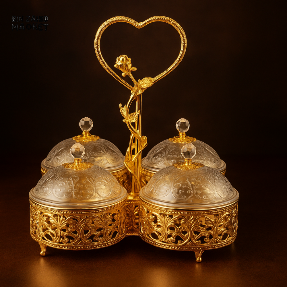 LUXURY CRYSTAL CONDIMENT SET – 4PIECE WITH GOLDEN HEART HANDLE