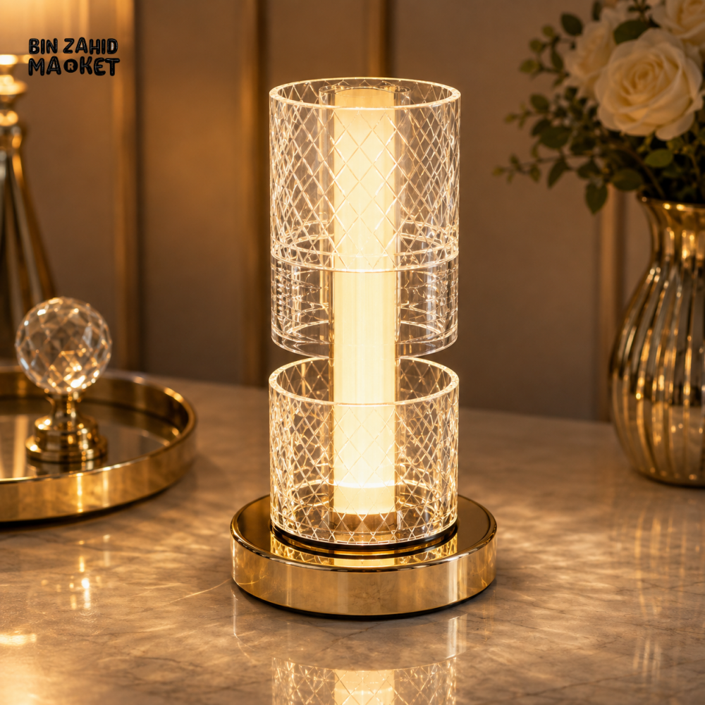 LUXURY CRYSTAL CYLINDER LED TABLE LAMP WITH GOLD BASE