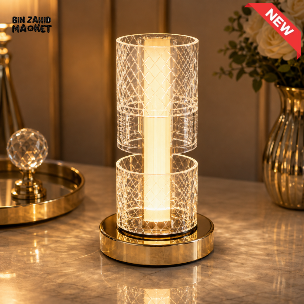 LUXURY CRYSTAL CYLINDER LED TABLE LAMP WITH GOLD BASE