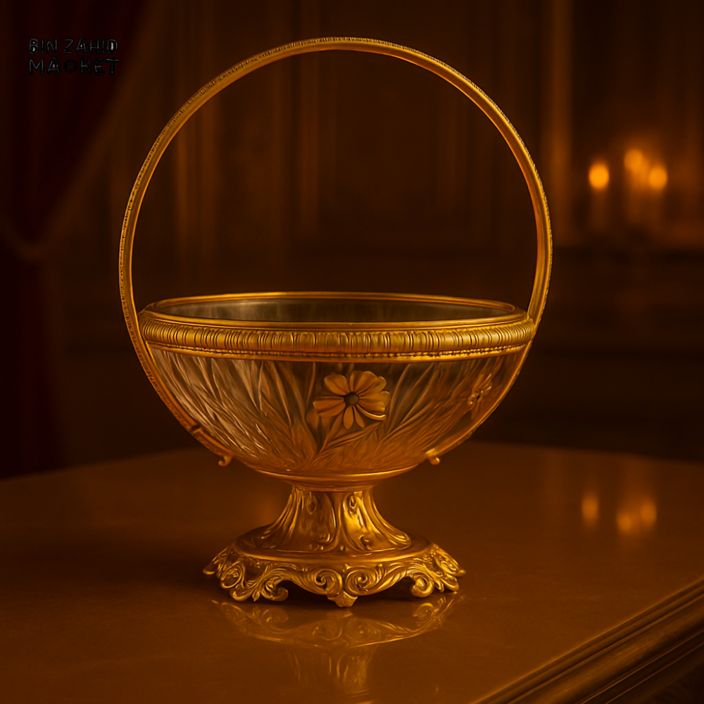 LUXURY CRYSTAL DECORATIVE BASKET WITH GOLD HANDLE – ORNATE TABLE CENTERPIECE CB03