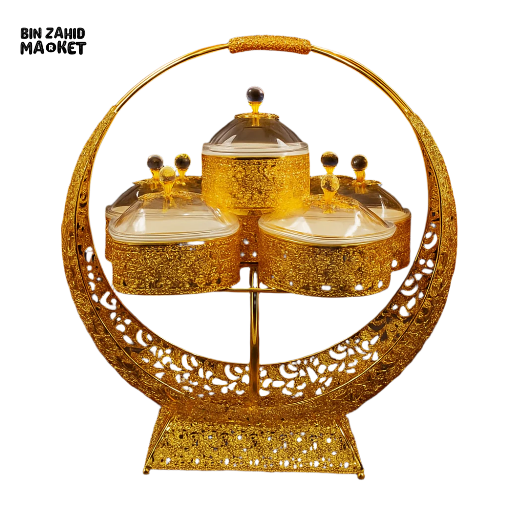 LUXURY CRYSTAL DRY FRUIT SET – 5PIECE WITH CRESCENT GOLD FRAME