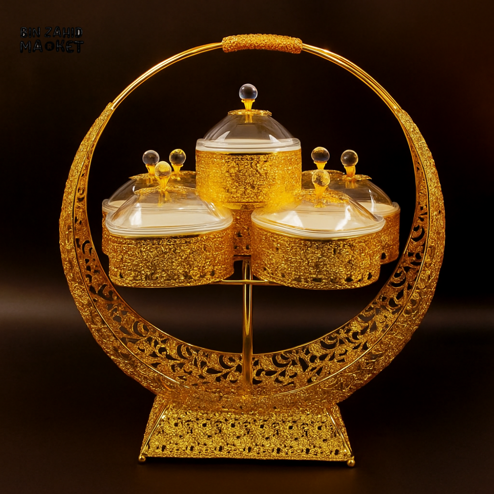 LUXURY CRYSTAL DRY FRUIT SET – 5PIECE WITH CRESCENT GOLD FRAME