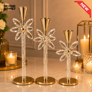 LUXURY CRYSTAL FLOWER TAPER CANDLE HOLDER SET - 3 PCS