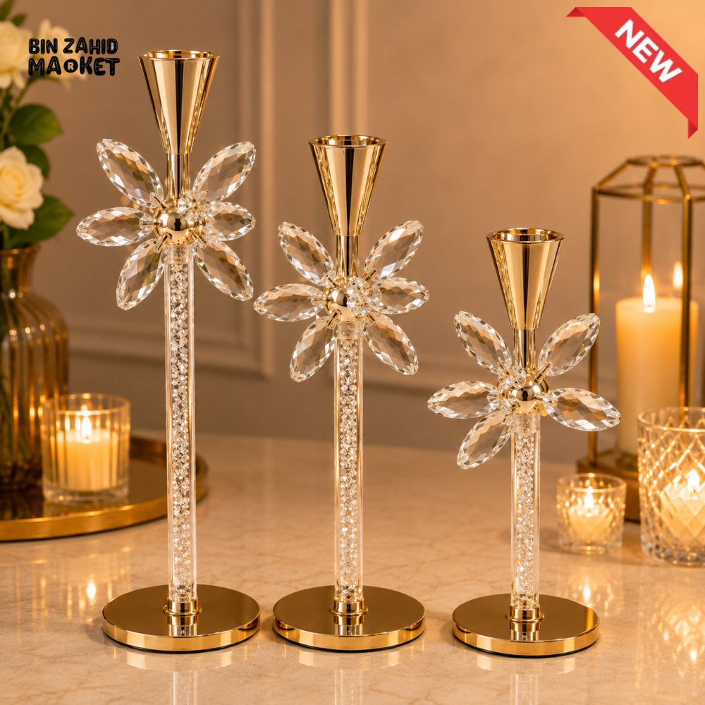 LUXURY CRYSTAL FLOWER TAPER CANDLE HOLDER SET - 3 PCS