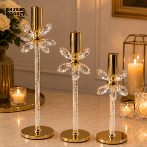 LUXURY CRYSTAL FLOWER TAPER CANDLE HOLDER SET - 3 PCS