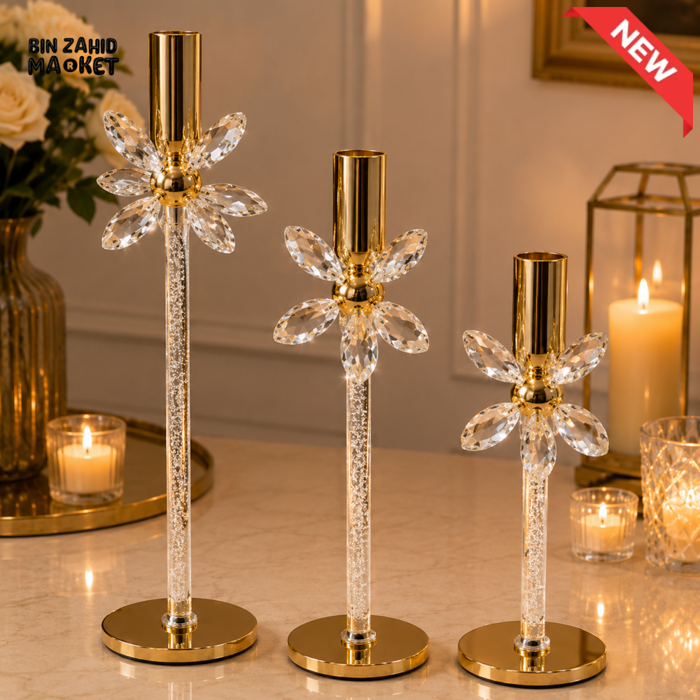 LUXURY CRYSTAL FLOWER TAPER CANDLE HOLDER SET - 3 PCS