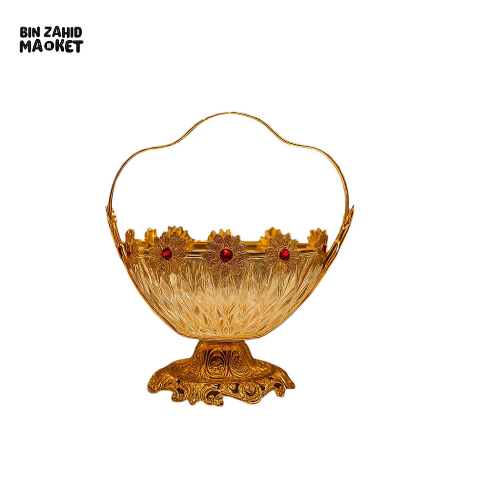 LUXURY CRYSTAL FRUIT BASKET – GOLDEN BASE WITH FLORAL DESIGN