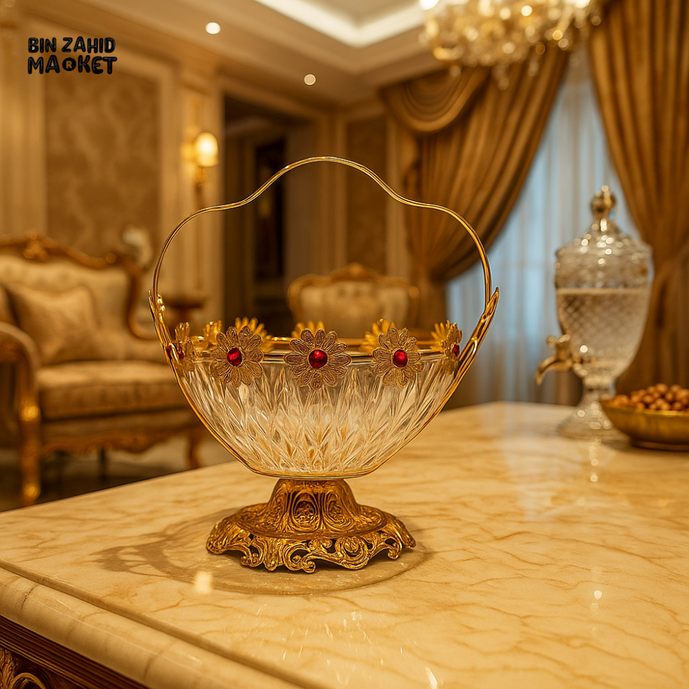 LUXURY CRYSTAL FRUIT BASKET – GOLDEN BASE WITH FLORAL DESIGN