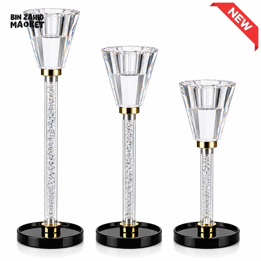 LUXURY CRYSTAL GLASS TAPER CANDLE HOLDER SET - 3 PCS