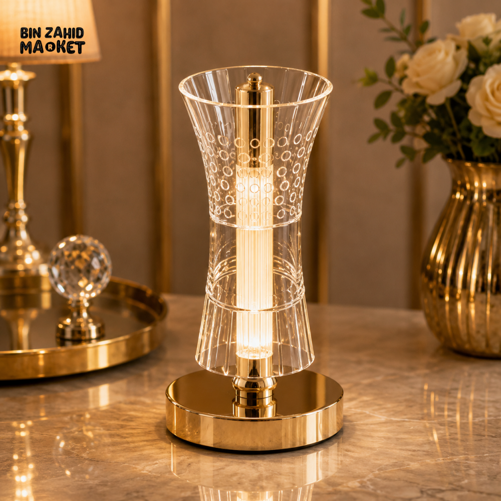 LUXURY CRYSTAL HOURGLASS LED TABLE LAMP WITH GOLD BASE