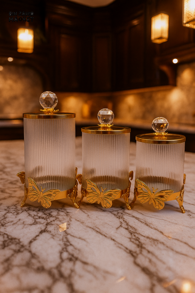 LUXURY CRYSTAL LID STORAGE JAR SET – 3PIECE GOLD BUTTERFLY DESIGN