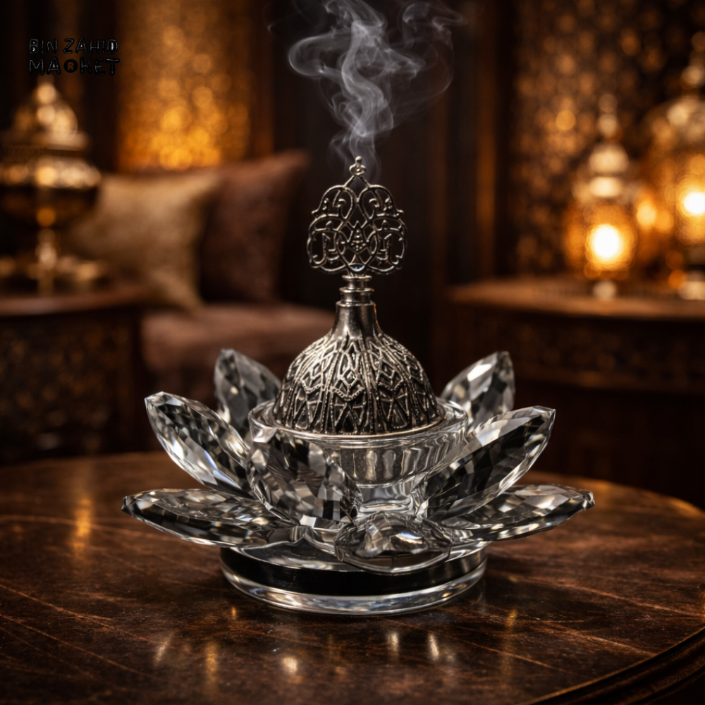 LUXURY CRYSTAL LOTUS BAKHOOR INCENSE BURNER – SILVER ARABIC OUD HOLDER HOME DECOR