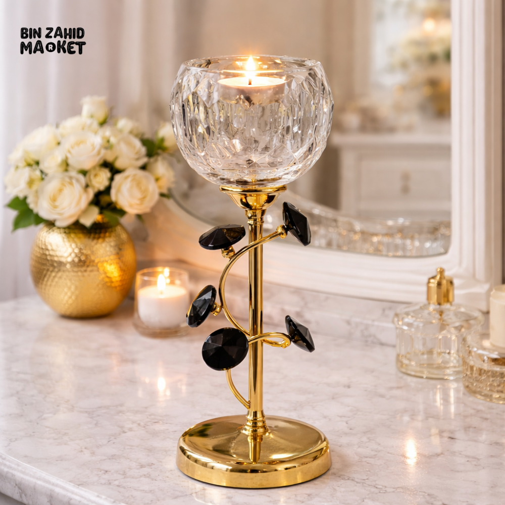 LUXURY CRYSTAL TEALIGHT CANDLE HOLDER STAND – GOLD METAL BASE WITH BLACK CRYSTAL ACCENTS