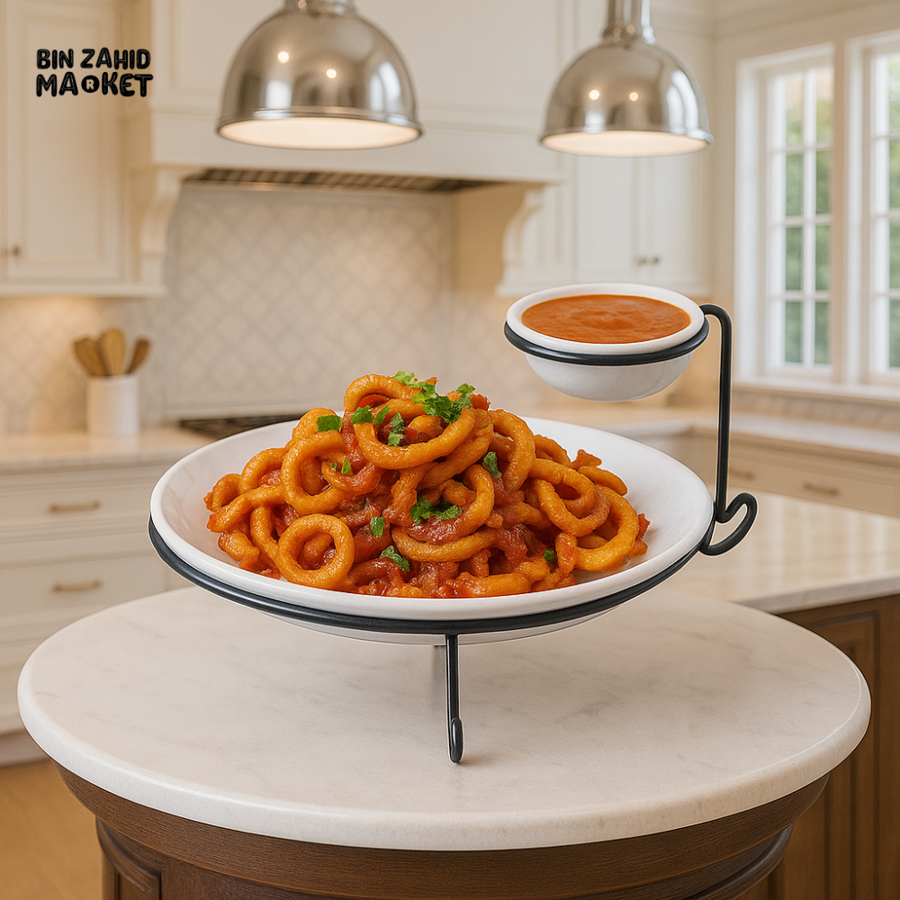 LUXURY CURLY FRIES SNACK STAND WITH SAUCE BOWL – MODERN SERVING PLATTER FOR PARTIES & KITCHENS