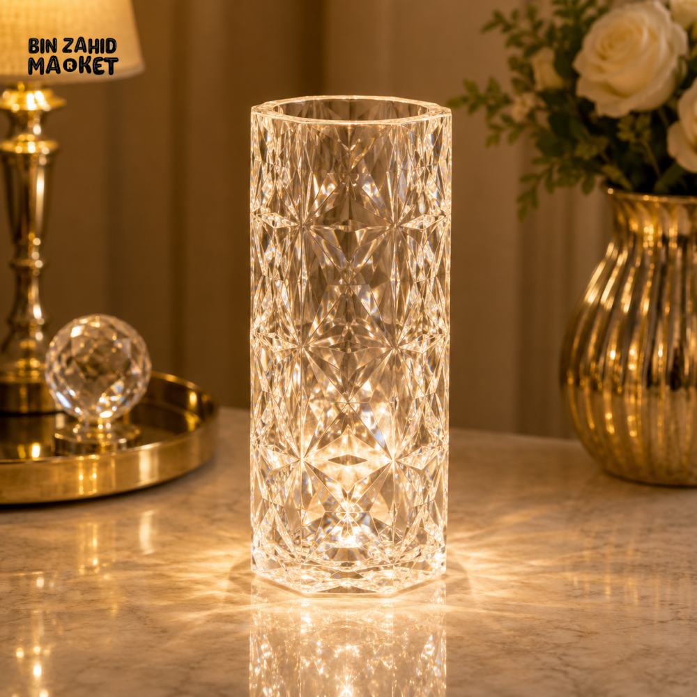 LUXURY CYLINDRICAL CRYSTAL LED TABLE LAMP WITH DIAMOND PATTERN