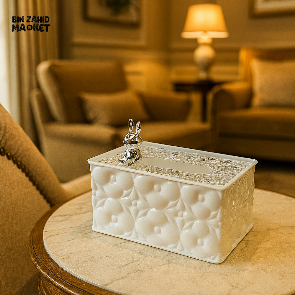 LUXURY DECORATIVE TISSUE BOX WITH CRYSTAL LID AND CHROME BUNNY ACCENT – ELEGANT STORAGE FOR HOME OR OFFICE