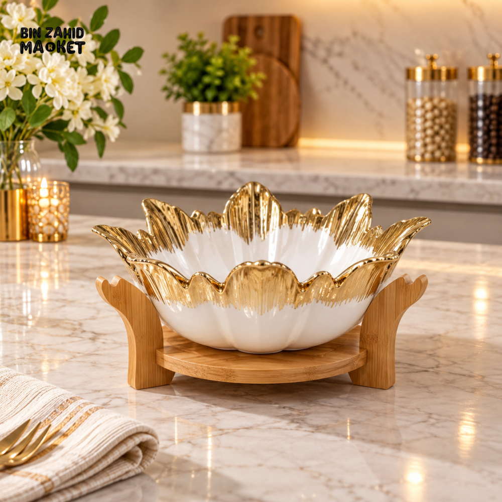 LUXURY FLORAL GOLD RIM CERAMIC SERVING BOWL WITH BAMBOO STAND