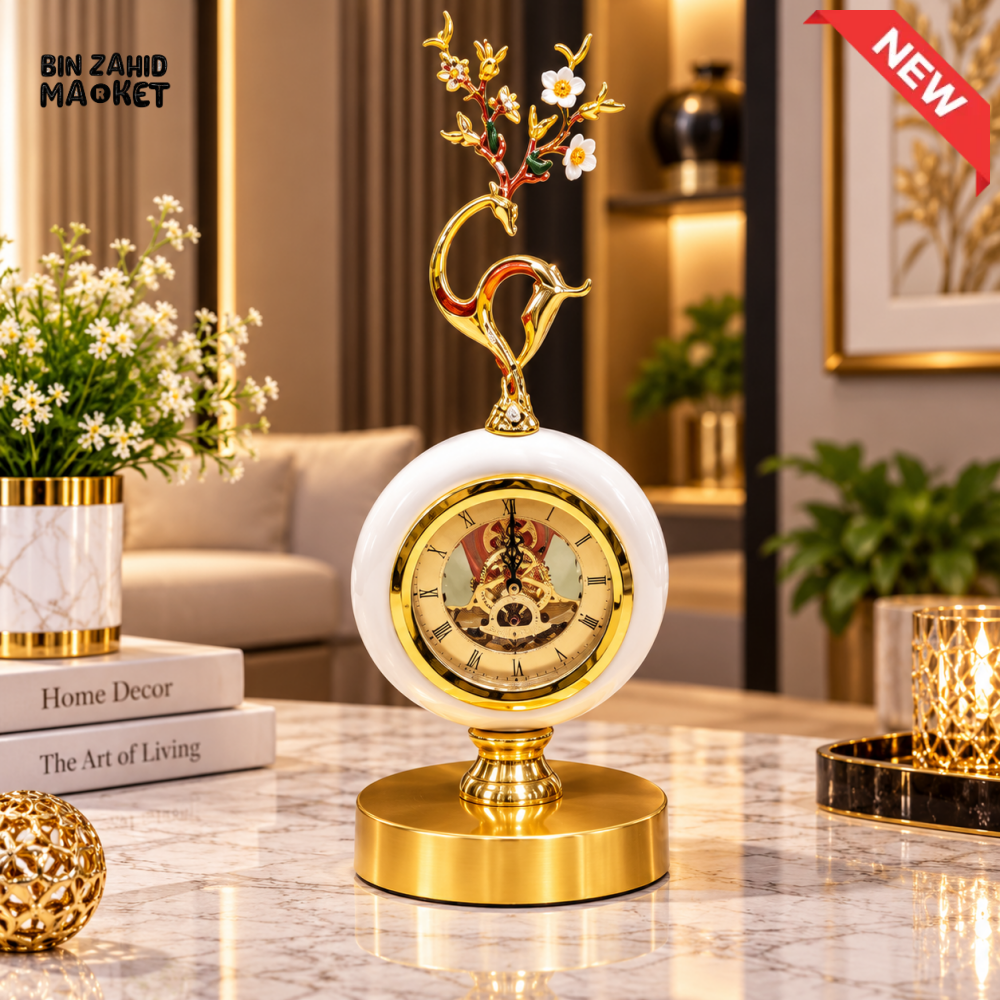 LUXURY FLORAL SKELETON TABLE CLOCK WITH GOLDEN BASE