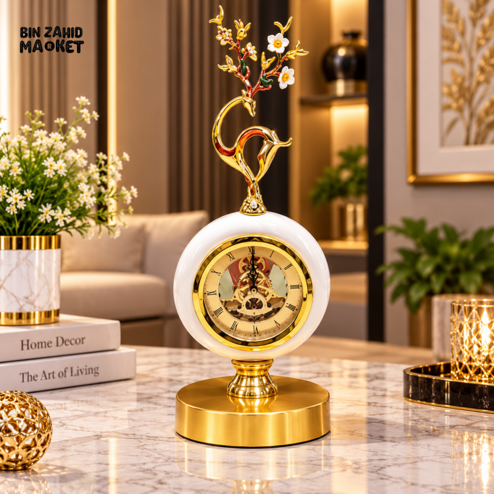 LUXURY FLORAL SKELETON TABLE CLOCK WITH GOLDEN BASE