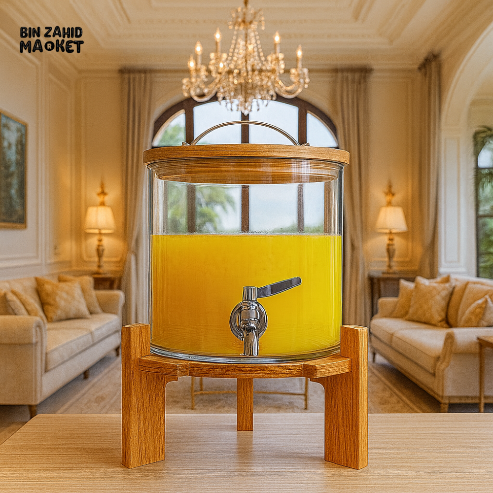 LUXURY GLASS BEVERAGE DISPENSER WITH WOODEN STAND 5LITRE BG45019