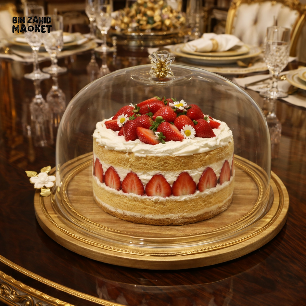 LUXURY GLASS CAKE DOME WITH WOODEN TRAY ELEGANT DESSERT DISPLAY STAND
