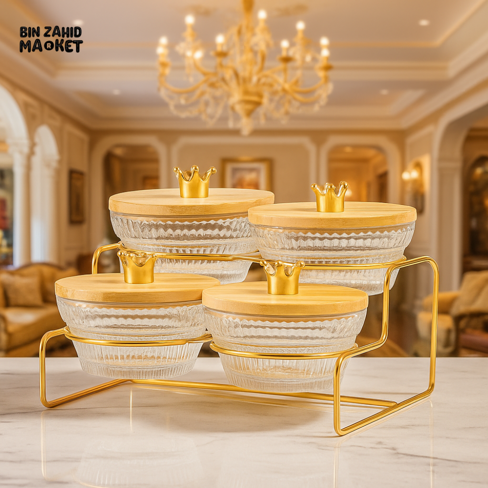 LUXURY GLASS CONDIMENT JAR SET WITH GOLD STAND – ELEGANT SPICE & SNACK STORAGE CONTAINERS - 4 CONDIMENTS
