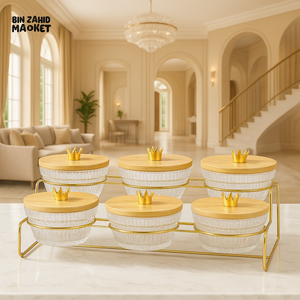 LUXURY GLASS CONDIMENT JAR SET WITH GOLD STAND – ELEGANT SPICE & SNACK STORAGE CONTAINERS - 6 CONDIMENTS