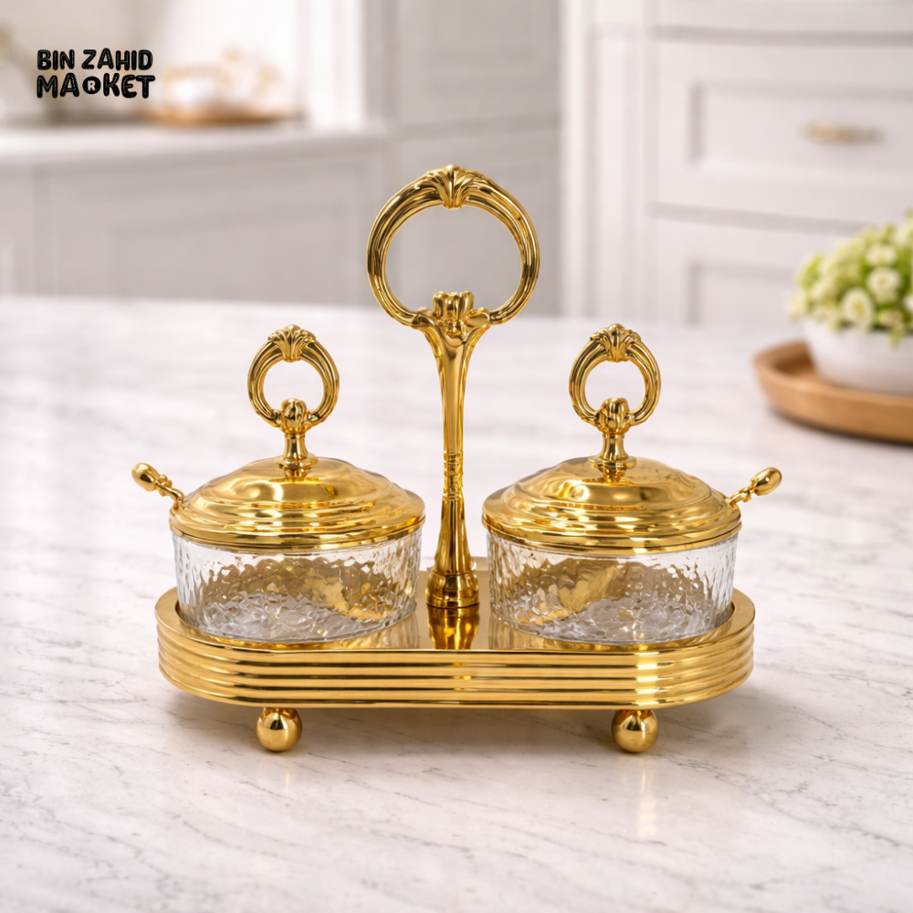 LUXURY GLASS CONDIMENT SET WITH GOLD STAND - DOUBLE