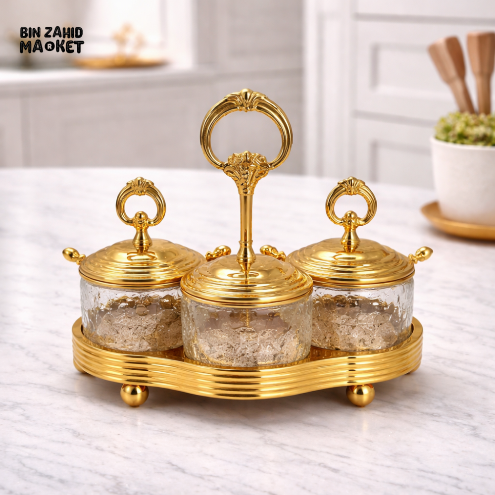 LUXURY GLASS CONDIMENT SET WITH GOLD STAND - TRIPLE