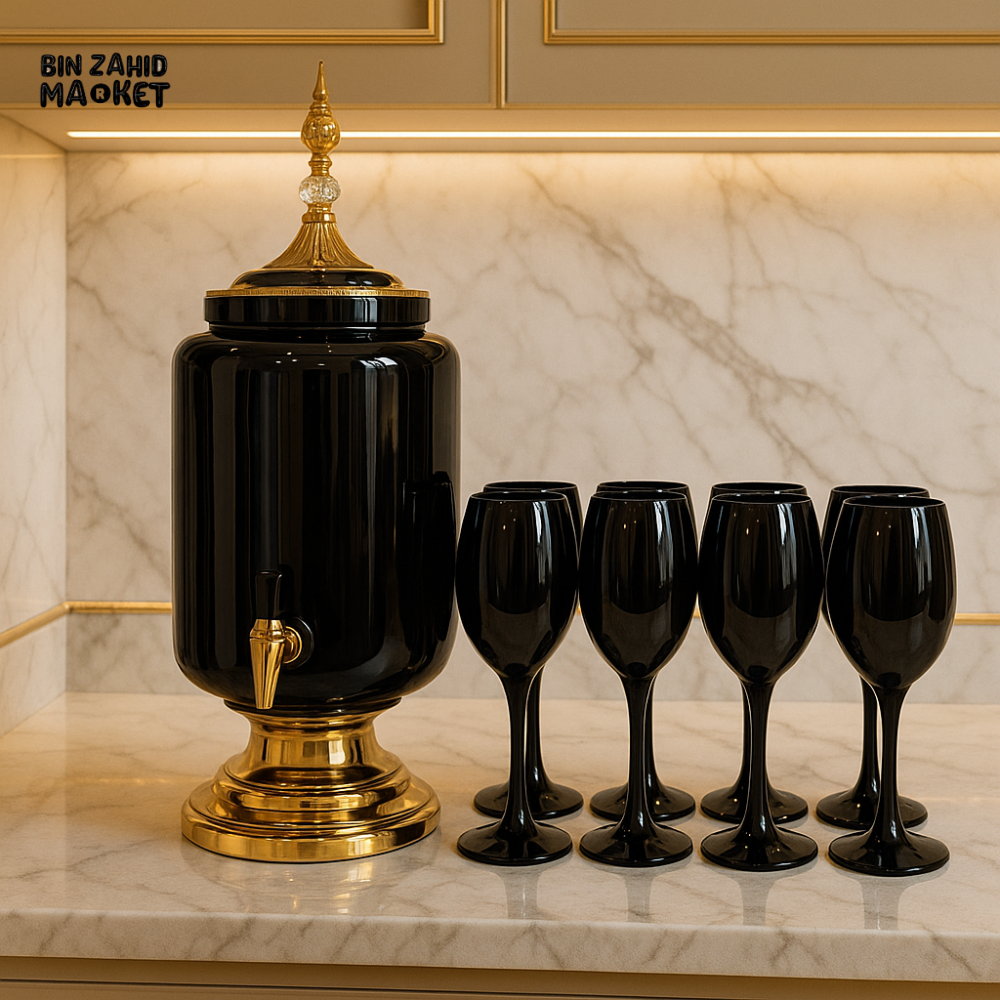 LUXURY GLASS DISPENSER SET WITH GOLD BASE & 6– GLASS PREMIUM HOME DECOR - BLACK