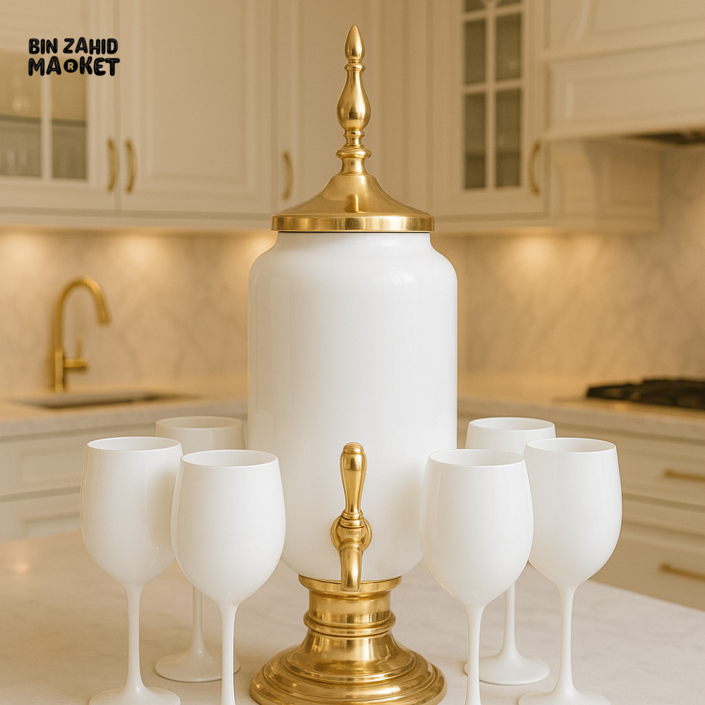 LUXURY GLASS DISPENSER SET WITH GOLD BASE & 6– GLASS PREMIUM HOME DECOR - WHITE