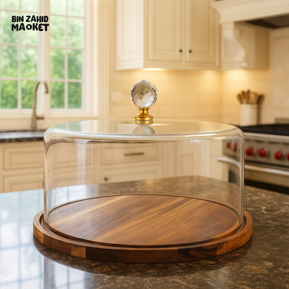 LUXURY GLASS DOME CAKE STAND WITH WOODEN BASE | ELEGANT DESSERT DISPLAY FOR KITCHEN & DINING