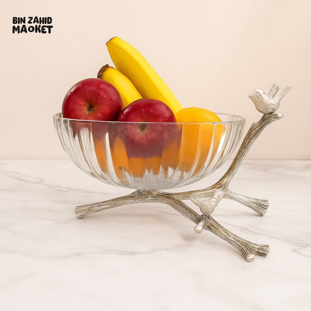 LUXURY GLASS FRUIT BOWL WITH SILVER BIRD STAND – ELEGANT CENTERPIECE FOR VILLA DINING & BREAKFAST TABLES