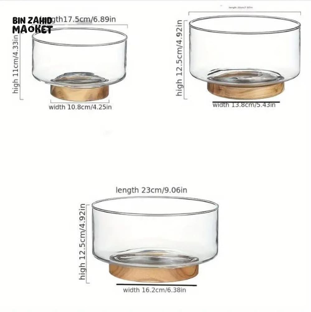 LUXURY GLASS FRUIT BOWL WITH WOODEN BASE – MODERN DINING TABLE CENTERPIECE - SMALL - Bowls