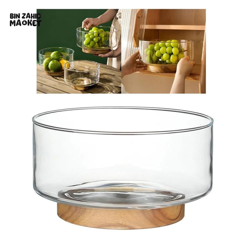LUXURY GLASS FRUIT BOWL WITH WOODEN BASE – MODERN DINING TABLE CENTERPIECE - SMALL - Bowls