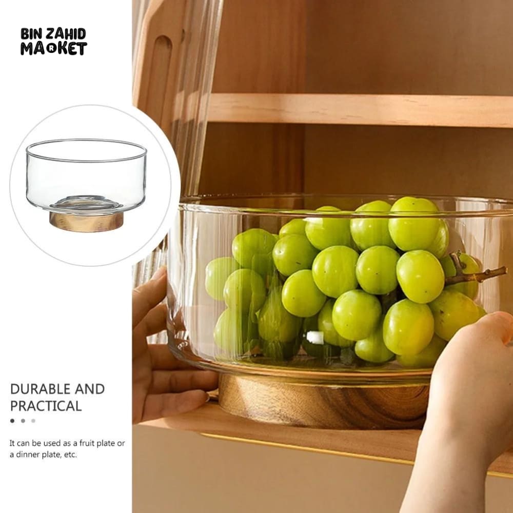 LUXURY GLASS FRUIT BOWL WITH WOODEN BASE – MODERN DINING TABLE CENTERPIECE - SMALL - Bowls
