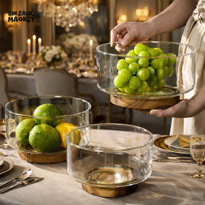 LUXURY GLASS FRUIT BOWL WITH WOODEN BASE – MODERN DINING TABLE CENTERPIECE - SMALL - Bowls