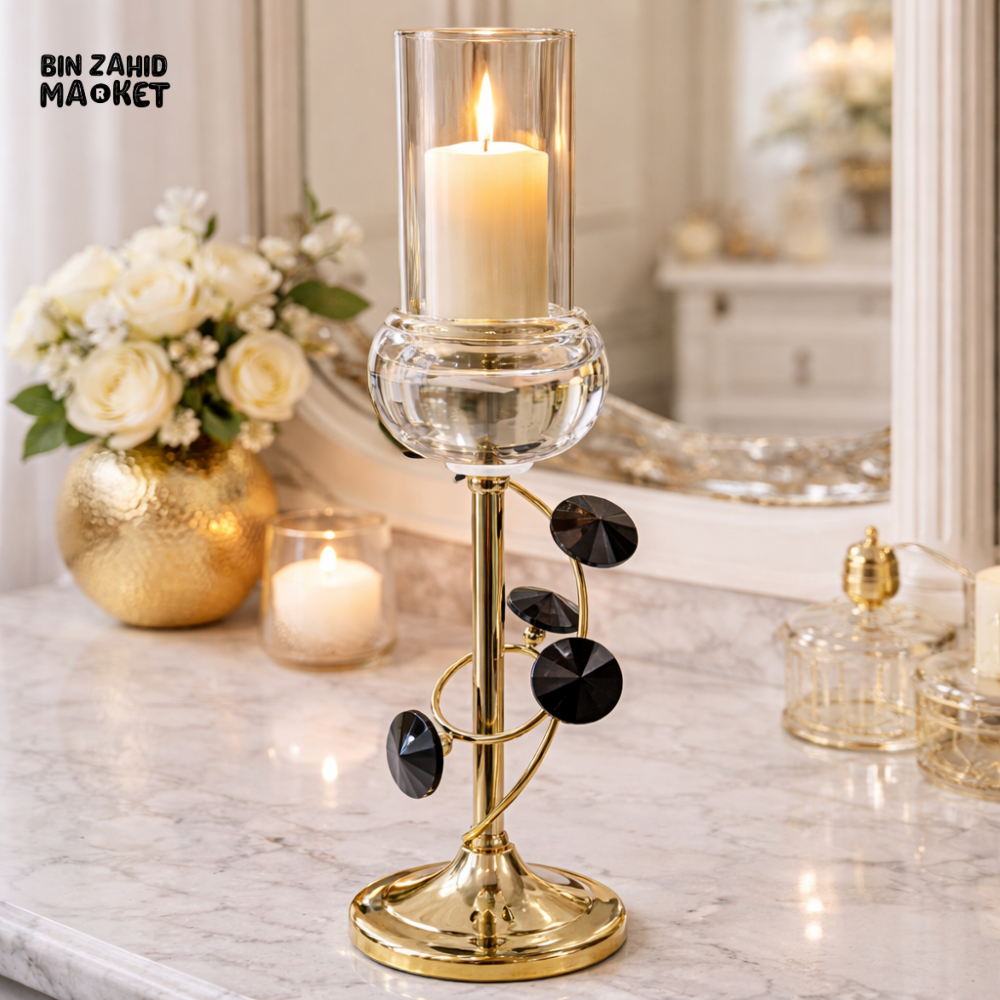LUXURY GLASS HURRICANE CANDLE HOLDER STAND – GOLD METAL BASE WITH BLACK CRYSTAL ACCENTS
