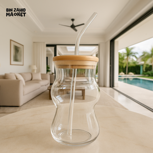 LUXURY GLASS MUG WITH BAMBOO LID & STRAW 450 ML RXG 025