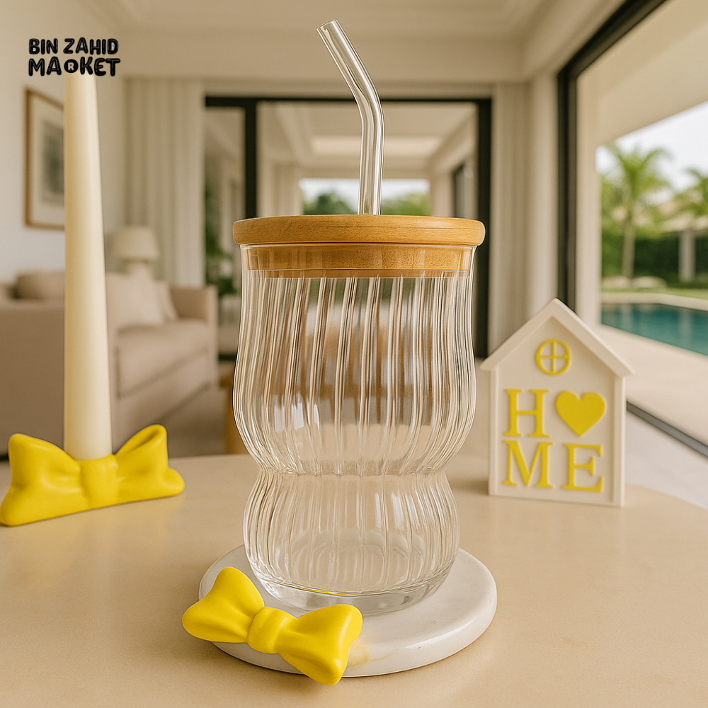 LUXURY GLASS MUG WITH BAMBOO LID & STRAW 450 ML RXG 026