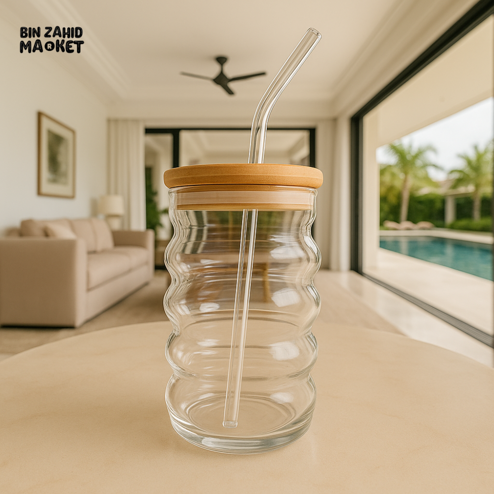 LUXURY GLASS MUG WITH BAMBOO LID & STRAW 450 ML RXG 027